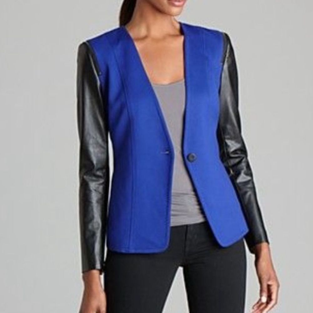 Vince Camuto Faux Leather Sleeves Cobalt Blue 80s Inspired Jacket Size 4